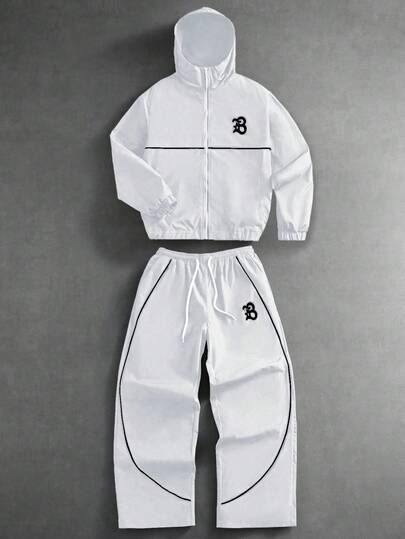 PAVTROS Men's Letter Print Hooded Zip-Up Jacket And Contrast Trim Pants Set Men 2 Piece Set Men Street Wear Sets Men Tracksuit Set Jogging Suits Men Jogging Set,Windbreaker/Outdoor Windbreaker,Parka,Streetwear,Jogging,