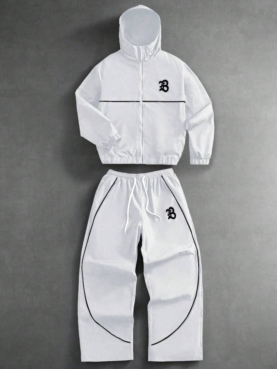 PAVTROS Men's Letter Print Hooded Zip-Up Jacket And Contrast Trim Pants Set Men 2 Piece Set Men Street Wear Sets Men Tracksuit Set Jogging Suits Men Jogging Set,Windbreaker/Outdoor Windbreaker,Parka,Streetwear,Jogging, - White - View 1