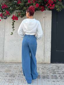 Bearsaez PETITE 女式休闲宽松牛仔裤，蝴蝶结装饰 - 中等水洗藍 - 查看 2