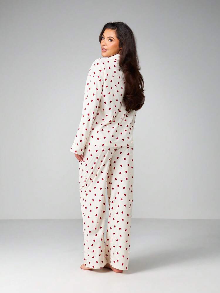 MISSGUIDED Heart Print Collar Button Front Pajama Shirt And Matching Lounge Pants Set For Relaxed Home Comfort Valentine Season Sleepwear