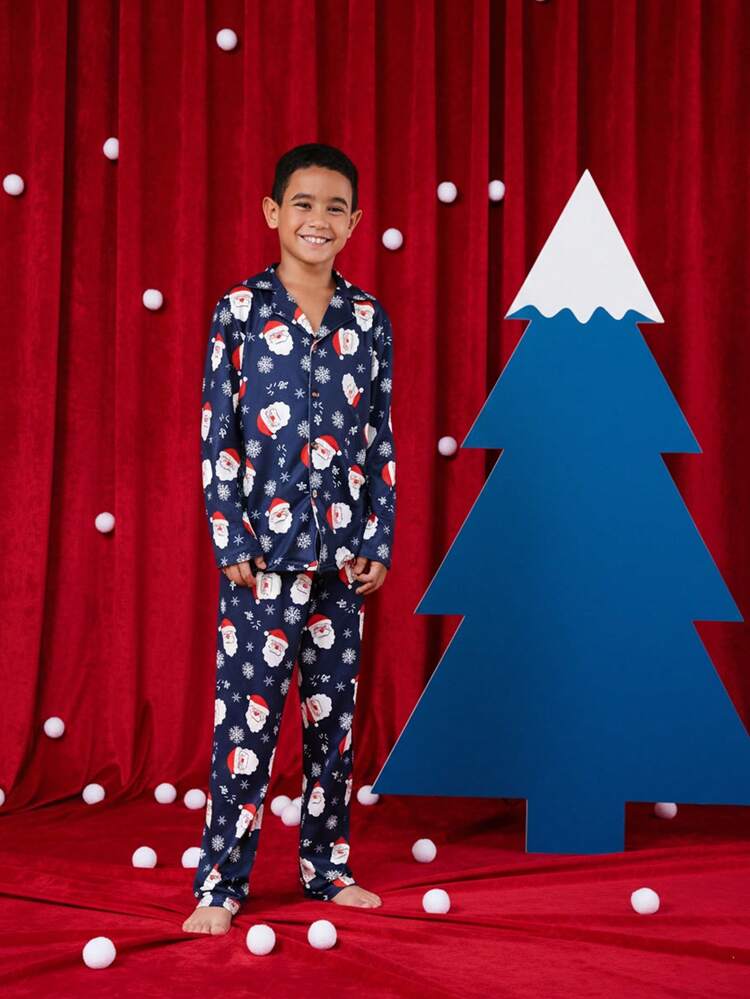 Santa Print Button Up Pajama Set