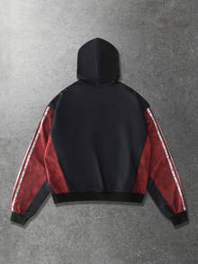 ROMWE MEN Street Life Men's Casual Contrast Color Patchwork Letter Print Hoodie Sweatshirt, Autumn - Multicolor - View 2