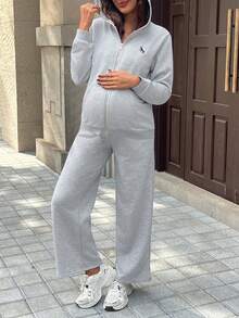 SHEIN 2pcs Maternity Set: Long Sleeve Hooded Jacket With Pocket & Embroidery, Loose Fit Wide Leg Pants - Grey - View 4
