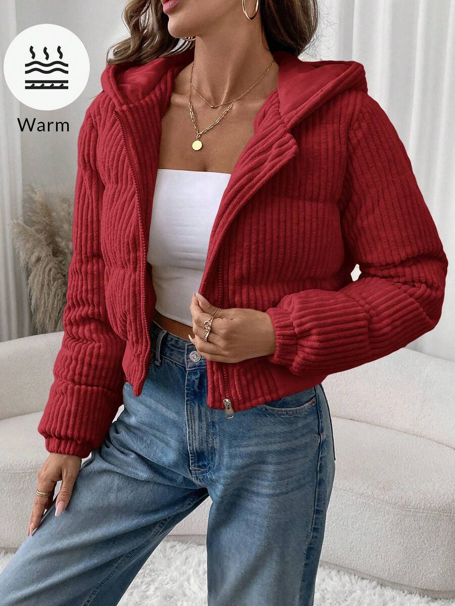 SHEIN LUNE معطف كاجوال قصير من الكوردروي مبطن للنساء، جاكيت شتوية حمراء، جاكيت حمراء مزودة بسحاب، ملابس دافئة للنساء، ملابس خارجية للنساء، جاكيت حمراء للنساء - الأحمر - مشاهدة 1