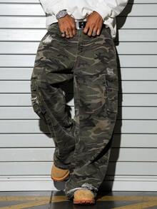 Manfinity EMRG 4-Pocket Camouflage Distressed Loose Straight Leg Pants, All Season - Army Green - View 5