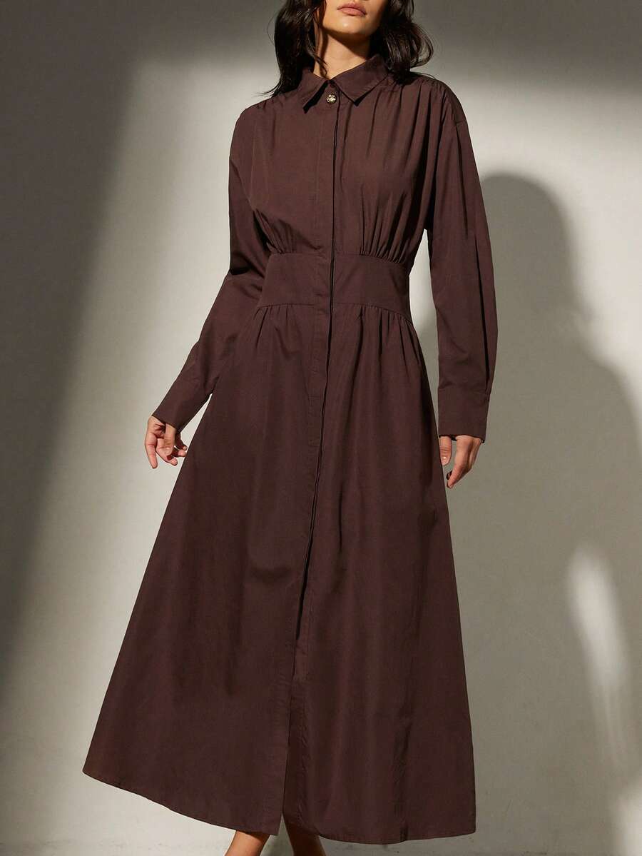 Aveloria Modichic 优雅长袖收腰喇叭下摆纯色连衣裙，时尚百搭，适合工作及秋冬季穿着。 - 咖啡棕 - 查看 1