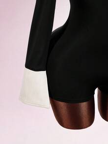 Amplova Y2K Women's Contrast Color Block Flare Sleeve Romper Holiday Outfits For Women Wedding Guest Dress For Women  Party Dress Beach Dress Carnival Valentine Outfits For Women Summer Spring Outfit Women One Piece Romper Bodysuits For Women Romper Black Romper Women Rompers For Women Sexy Comfortable, High-Elastic, Form-Fitting Yoga Fabric; Slim Waist; Deep V-Neck; Faux Two-Piece Design; Fold-Over Collar; Striped; Sexy Preppy Style; Sexy Mini Bodysuit. - Black and White - View 6