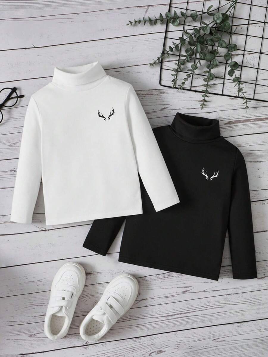 SHEIN 2件/套 男童休闲舒适长袖T恤,冬季服装 - 黑與白 - 查看 1