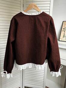 Franclia Vintage Lace Embroidered Bowknot Patchwork Round Neck Casual Jacket, Suitable For Autumn/Winter - Red - View 2