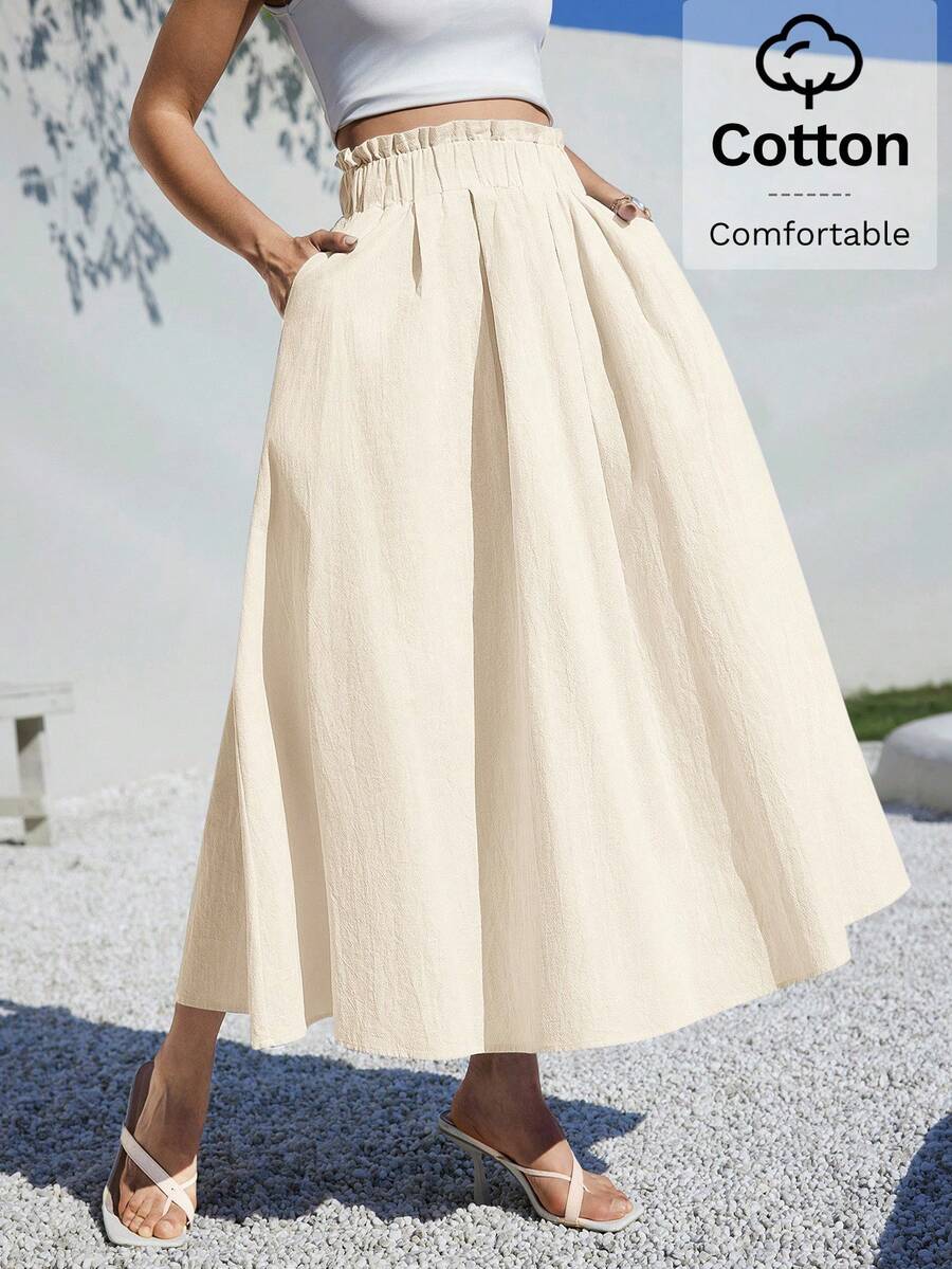 Siren Gaze 夏季女士服装休闲 A 字形亚麻中长裙，适合夏季海滩高腰宽松 - 米色 - 查看 1