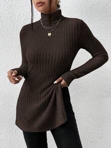 SHEIN Frenchy Solid Color Turtleneck Ribbed Fitted Long Sleeve T-Shirt Spring Brown - Brown - View 5
