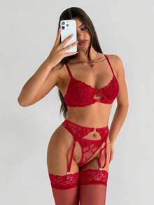 Aloruh Elegante Damen Rot 3/4 Ärmel Spitze Raffung, geeignet für Herbst/Winter, Neujahr, Partys, Treffen, einfarbiges Spitzenband dekorierter Spitzen-Lingerie-Set 5 Packungen Blumenstickerei Mesh BH-Strumpfhalter Lingerie-Set Braut Lingerie