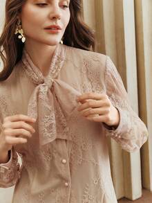 Anewsta Women's New Apricot Lace Long Sleeve Top & Lace Skirt Set With Bow Tie - Apricot - View 5