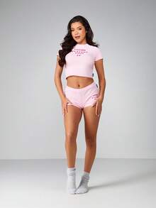 Missguided x Playboy 复古爱心图案插肩袖婴儿T恤和短裤套装两件套复古风露脐短袖上衣夏季家居服 - 粉色 - 查看 3