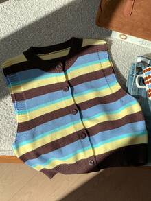 Comfortcana 女士时尚彩色条纹短款开襟休闲简约针织背心，适合秋冬季穿着 - 彩色 - 查看 6