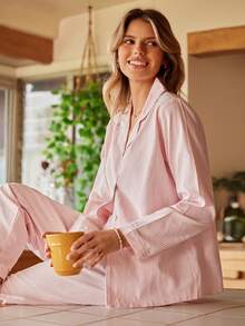 Lullawish Women's Comfortable Striped Button Lounge Set, Casual Homewear, Winter Clothes - Coral Pink - View 6