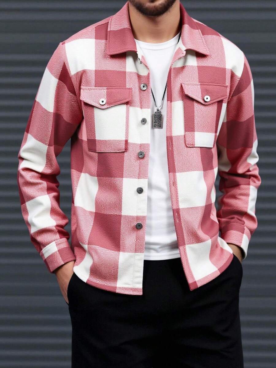 Manfinity Homme 男士格子印花纽扣前袋休闲长袖夹克格子衬衫男士街头风衬衫 - 粉色 - 查看 1