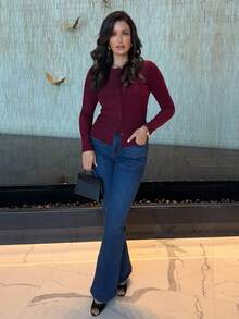 MDEdit 罗纹纽扣长袖圆领上衣休闲度假机场假日秋冬圣诞节 - 酒紅色 - 查看 5