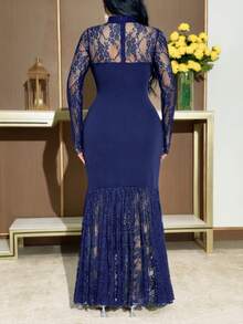 Modelyn Women's Elegant Lace Patchwork Sheer Collar Fishtail Hem Fitted Dress Elegant Party Dress