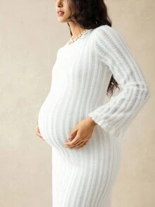 SHEIN Elegant White Silky Maternity Solid Color Bell Sleeve Dress,Autumn Pregnancy Clothes For Photoshoot,Holiday Wedding Guest New Year Winter Dress - White - View 6