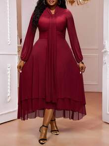 Truni Robe élégante à manches longues pour femmes grandes tailles, de couleur unie avec un design de col torsadé. Idéale pour la saison d'hiver et pour les morphologies en forme de poire. - Rouge - Voir 3