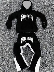 SHEIN 青少年男孩休闲时尚经典酷炫嘻哈风格字母图形印花、文字和星星图案宽松连帽衫长袖超长喇叭裤 2 件套，适合秋冬季