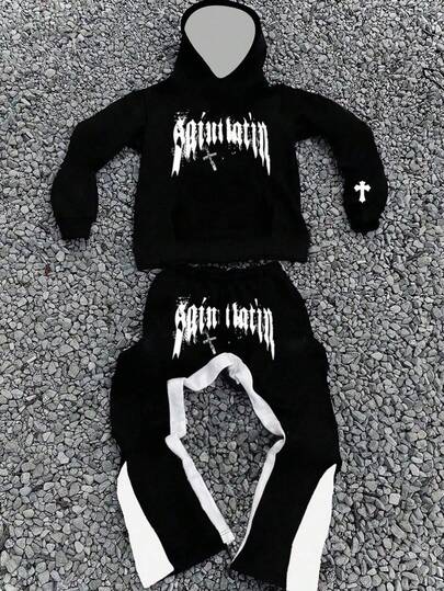 SHEIN Tween Boy Casual Fashionable Classic Cool, Hiphop-stil Bokstav Grafiskt Tryck, Text & Stjärnmönster Lös Hoodie Långärmad Maxi Utsvängda Byxor 2 Delat Set, Lämpligt För Höst/Vinter