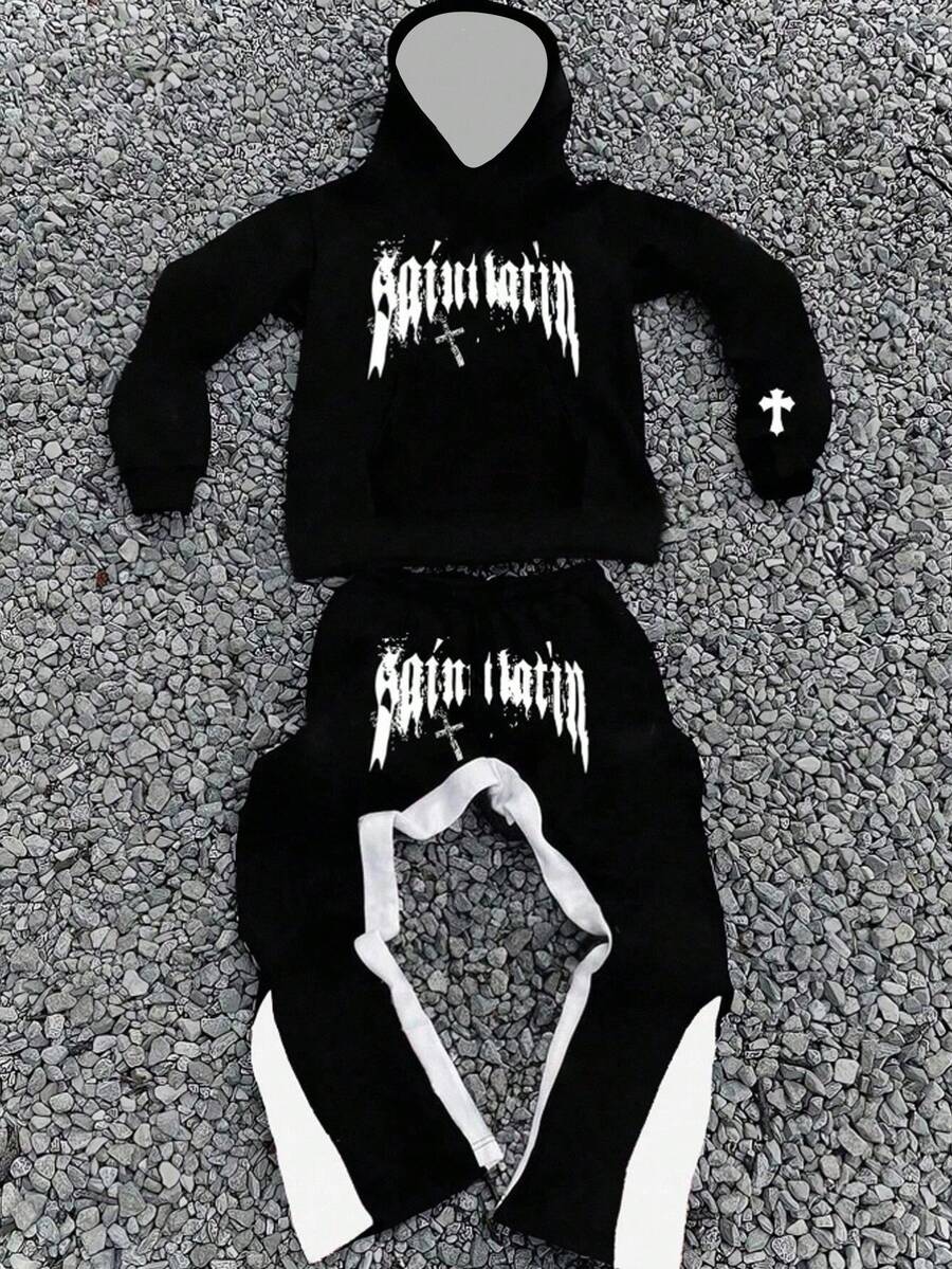 SHEIN 青少年男孩休闲时尚经典酷炫嘻哈风格字母图形印花、文字和星星图案宽松连帽衫长袖超长喇叭裤 2 件套，适合秋冬季