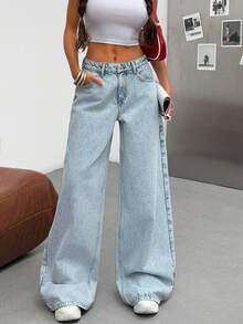 SHEIN Tall Tall Low Waist Snow Wash Wideleg Jean - Light Wash - View 2