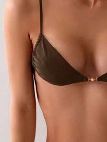 Swim Basics Ladies Fashionable Solid Spaghetti Strap Bra & Swim Bottom Two-Piece Bikini Set Bathing Suit, Summer Beach Vacation - Brown - View 4