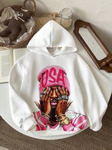 Slaydiva Women's Casual Street Portrait Print Hoodie Sweatshirt, Suitable For Autumn/Winter, Black Portrait Print,Fall - Multicolor - View 4