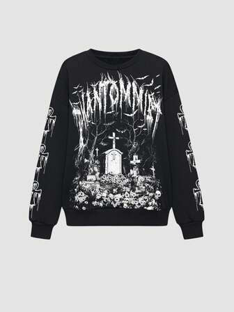 Gothic Cross & Tombstone Print Pullover Sweatshirt Sweatshirt, Dark Horror Vibe