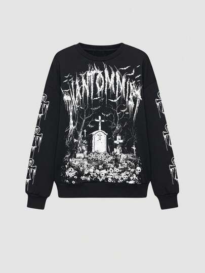 Gothic Cross & Tombstone Print Pullover Sweatshirt Sweatshirt, Dark Horror Vibe