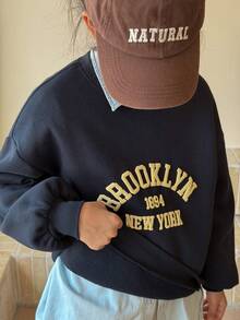 DAZY Tween Girls Crew Neck Thermal Lined Letter Print Sweatshirt, Fall - Navy Blue - View 1