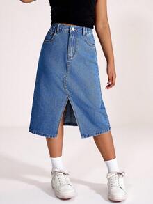 SHEIN Sparklyn Tween Girl'' 前开衩休闲牛仔裙，时尚百搭 - 深色水洗藍 - 查看 1