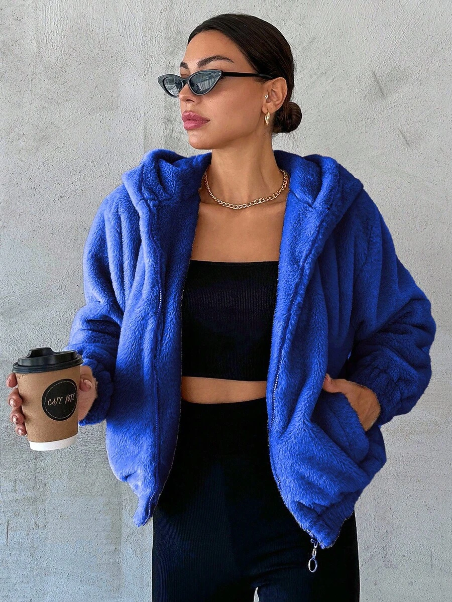 SHEIN Cottnline 女士休闲纯色连帽外套,秋冬季 - 寶藍色 - 查看 1