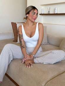 Mélanie ORL 休闲条纹低腰阔腿裤 - 卡其色 - 查看 3