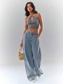Glamine Fashionable Sexy Cropped Backless Halter Knit Top - Grey - View 4