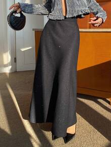 Livesso Elegant Black Sequin Embellished Skirt, Suitable For New Year, Christmas, Wedding, Party, Formal Occasions, Autumn/Winter - Black - View 3