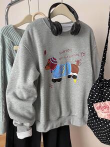 INAWLY 休闲宽松腊肠犬印花卫衣，适合秋冬季穿着 - 灰色 - 查看 1