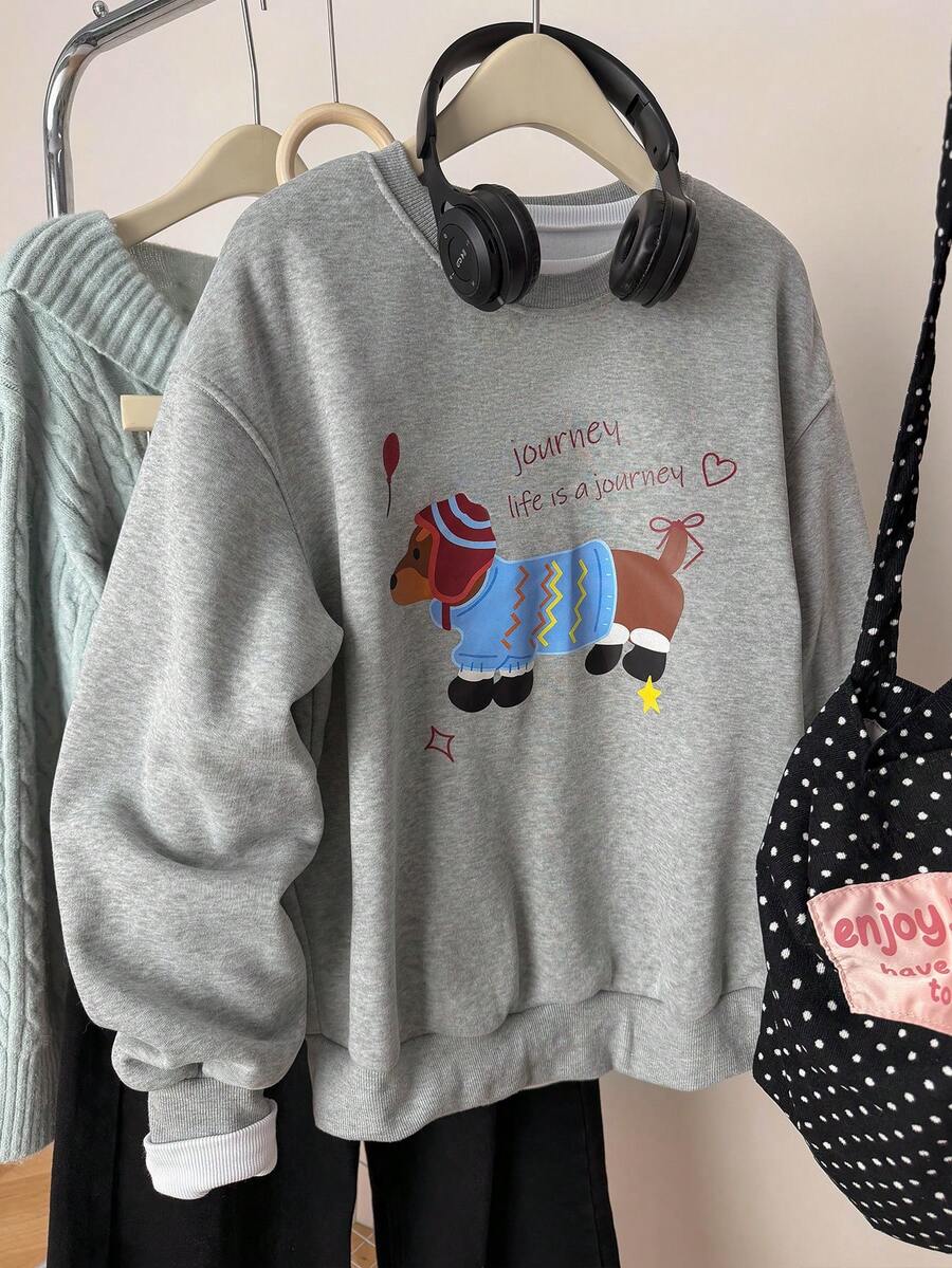 INAWLY 休闲宽松腊肠犬印花卫衣，适合秋冬季穿着 - 灰色 - 查看 1