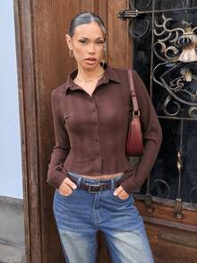 Chiquease Women's Solid Color Button-Up Short Sleeve Shirt - Chocolate Brown - View 5