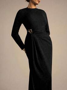 Modelyn 女士秋季棕色针织长袖褶皱不对称金属扣装饰优雅法式鸡尾酒会礼服 - 黑色 - 查看 7