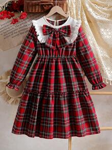 SHEIN Girls' Vintage Red And White Plaid Dress,Long Sleeve Ruffle Trim Bow Decor Waist Cinched Patchwork Elegant Wedding Guest Dress For Autumn,Christmas - Burgundy - View 3