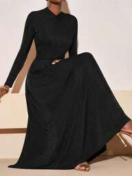 Zivah 2025 Autumn New Arrival Music Festival & Graduation Casual Elegant Crossover Neck Long Sleeve A-Line Dress, Suitable For Daily Wear, Beach, Vacation, Sunbathing, Party,Fall,Fall Clothes For Women,Women's Winter Clothes,Dresses For Women Elegant,Black Dress