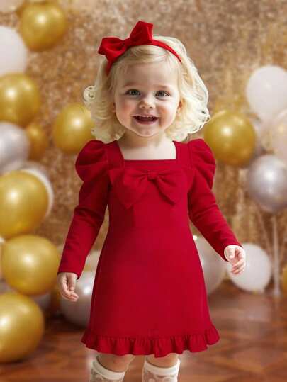 Baby Girl Gigot Sleeve Front Bow Square Neck Solid Red Long Sleeve Ruffle Hem Dress, Suitable For Daily Wear, Casual Occasions, Elegant Parties Or Birthday Parties, For Christmas Party