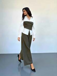 Firerie Elegantes, minimalistisches Büro-Outfit-Set für den täglichen Arbeitsweg, olivgrün und weiß, Langarm-Kontrast-Farbhemd mit asymmetrischer Taille und weite Schlupfhose, Anzug für Damen im Herbst/Winter, grünes Hemd-Set, Arbeitskleidung, Lehrerin-Outfit - Olivgrün - Übersicht 3