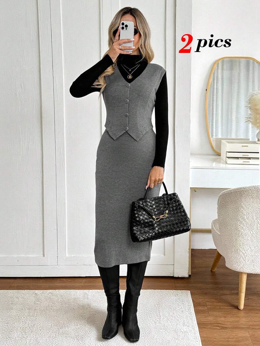 Easowa Bộ 2 món áo vest và chân váy công sở thời trang thu đông dành cho nữ - Xám - Xem 1