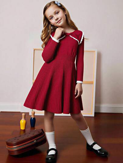 PrepCrw 1pc Tween Girls Elegant Urban Party Versatile Comfortable Warm Collared White Contrast Lace Trim Long Sleeve Knit Dress, Suitable For Casual Outings, Gatherings, Holidays, Parties, Autumn/Winter, Christmas,Party,New Year,New Year Dress