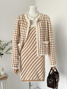 Muvela Women's Casual Diamond Pattern Crew Neck Cardigan With Pockets, Autumn/Winter,Sweaters For Women - Khaki - View 8